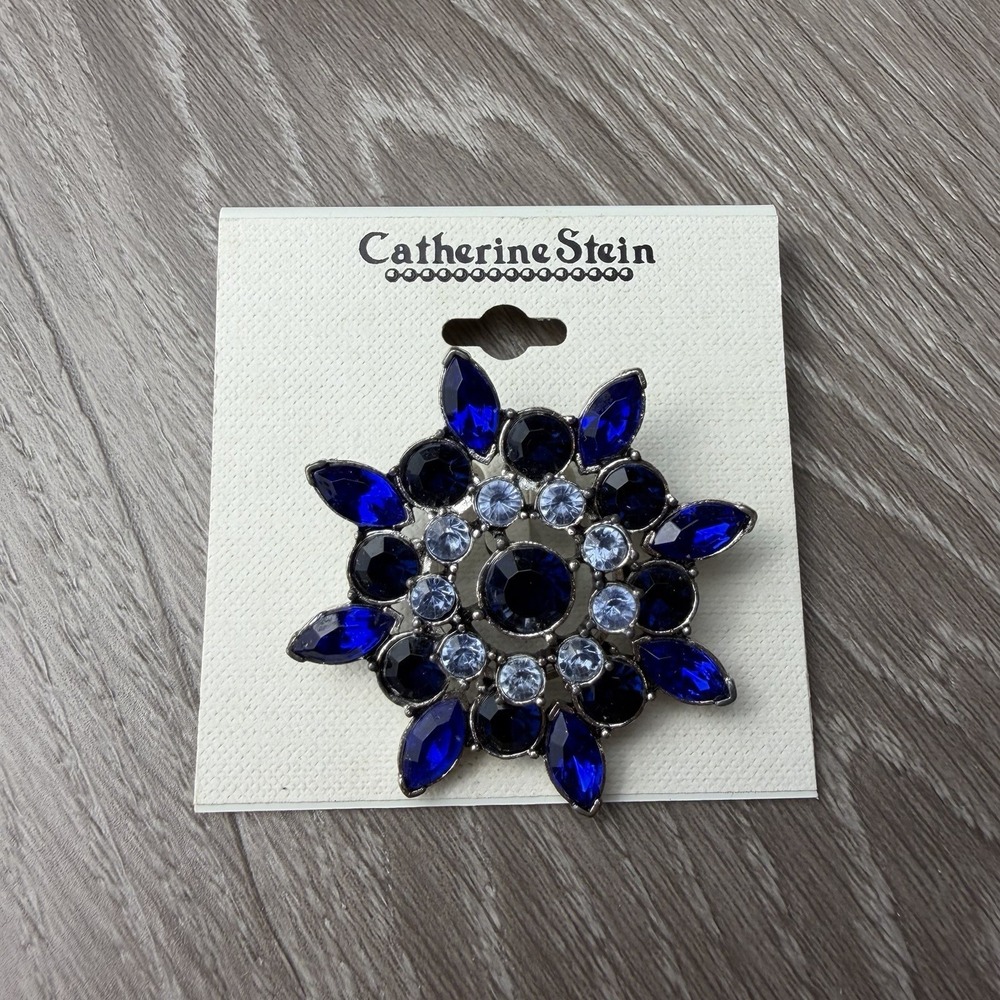 Catherine Stein Blue Rhinestone Star Brooch Pin Silver Tone New